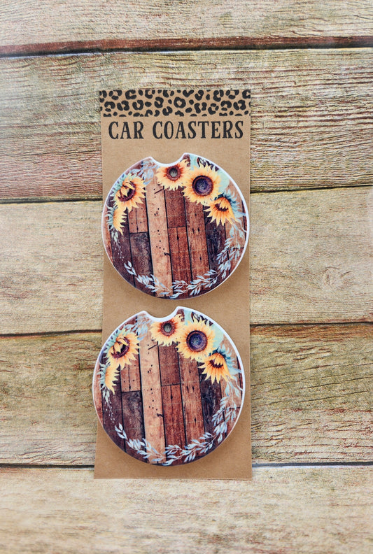 Car Coaster - Sunflowers on wood grain